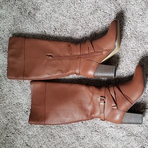 JustFab Wellington Cognac Boots Faux Leather Strappy Details 3 1/4 in.block heel